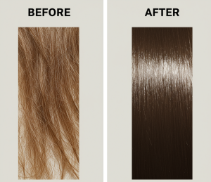 A before-and-after comparison of hair treated with Fino Hair Mask. The 'before' side shows dry, frizzy hair, while the 'after' side shows the same hair transformed to be smooth, silky, and shiny.